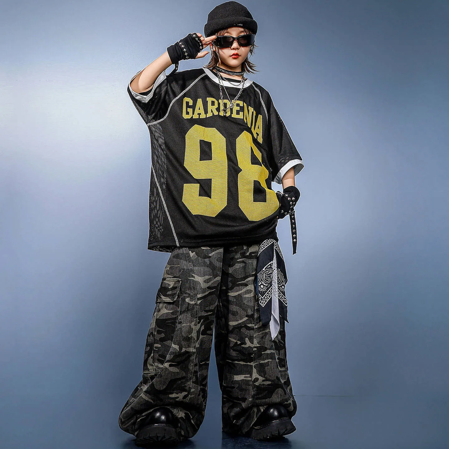 

Kid Kpop Hip Hop Clothing Black Net Jersey T Shirt Camo Casual Baggy Cargo Pants for Girl Boy Jazz Dance Wear Costumes Clothes
