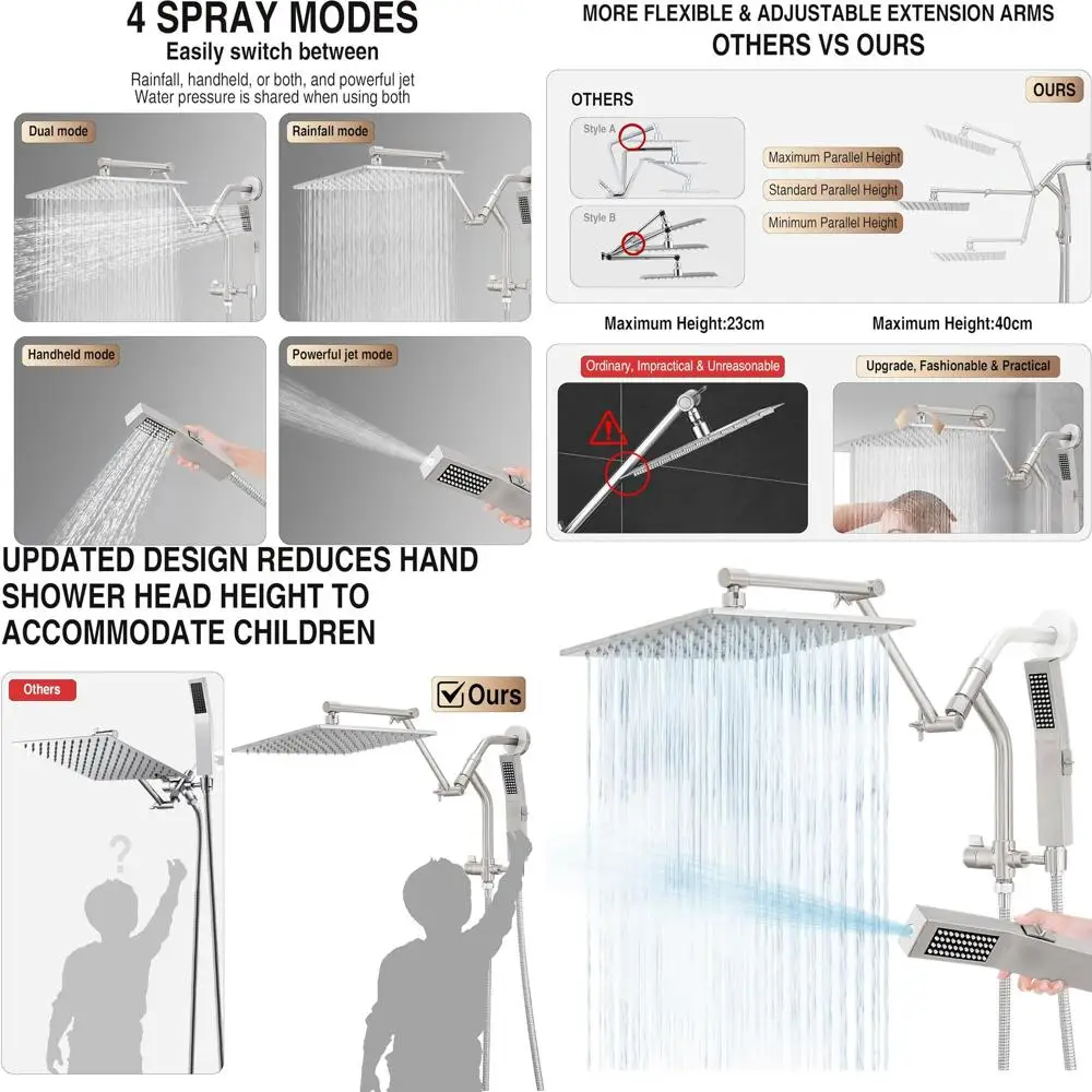 

10 Metal Rainfall Shower Head with Handheld & Power Wash, Extendable Dual Head (Brushed Nickel)