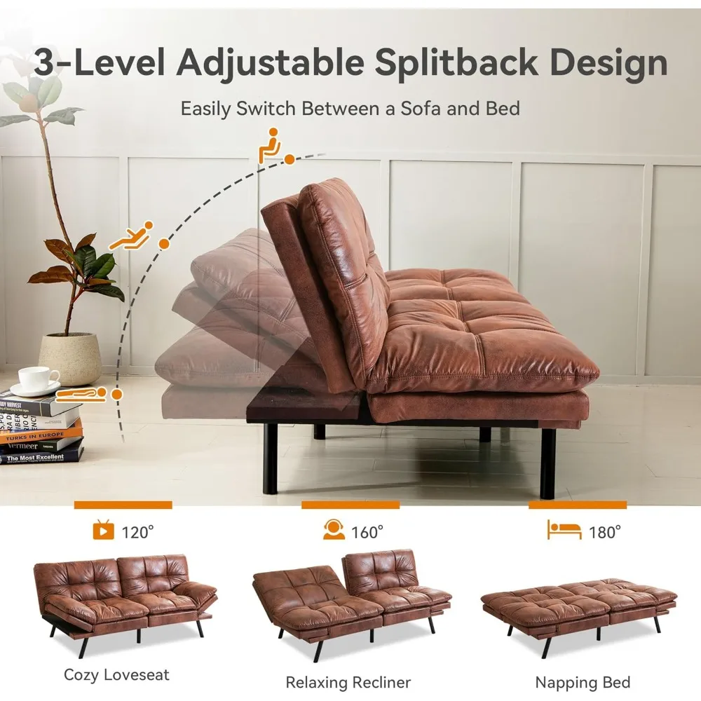 أريكة سرير فوتون حديثة من الجلد الصناعي الفاخر مع مسند ظهر ومسند للذراع قابل للتعديل، نائمة مدمجة بمقعدين #4