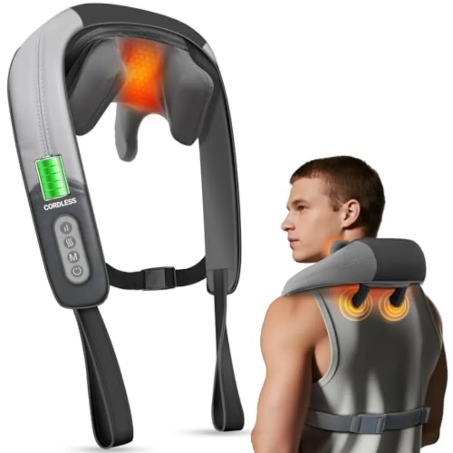 

Neck and shoulder massager for pain relief, premium PU leather, black, 4D deep tissue kneading with heat therapy and rechargeab