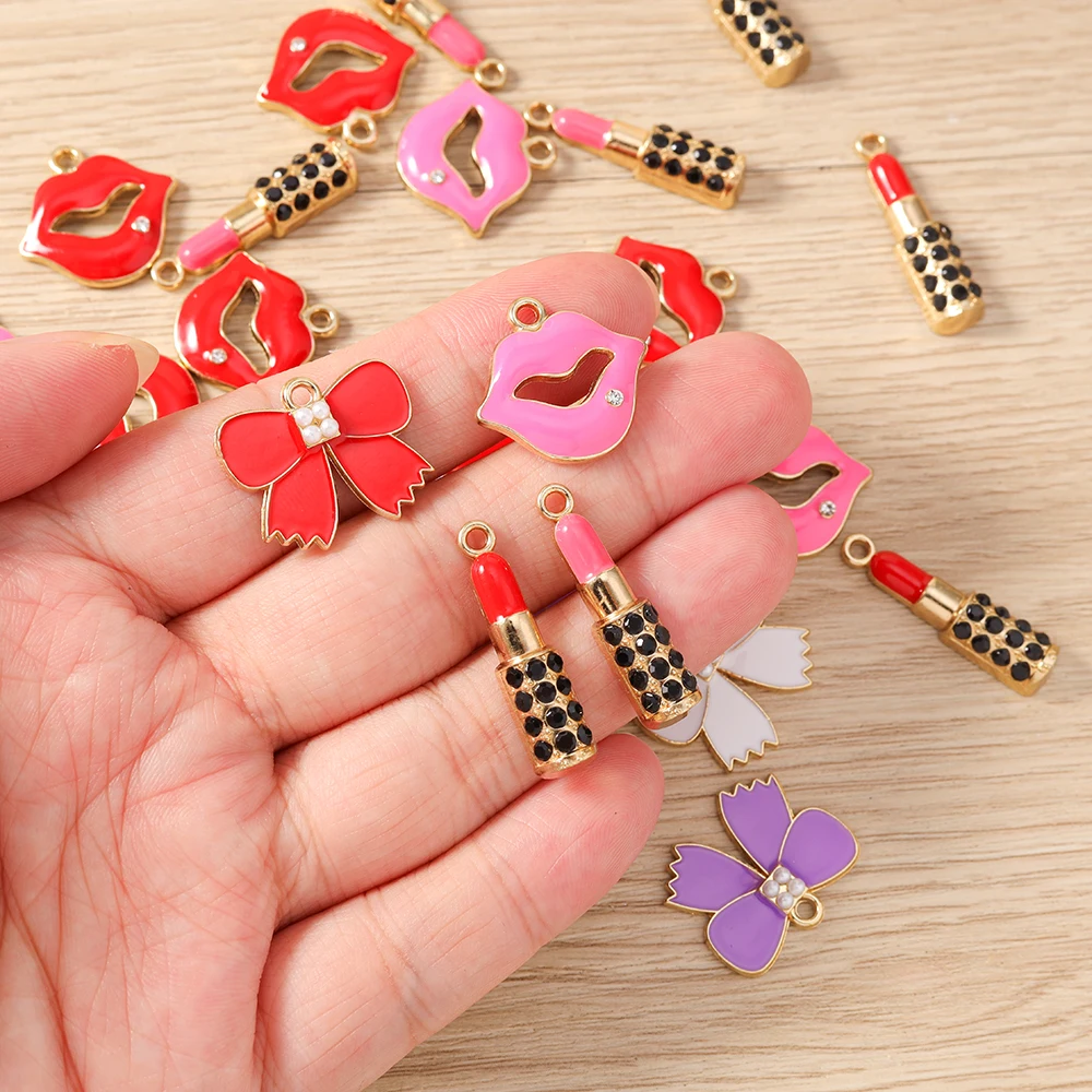 10pcs Cute Mix Colorful Enamel Bowknot Red Lipstick Charms Pendants for Jewelry Making Necklaces Earrings DIY Crafts Accessories