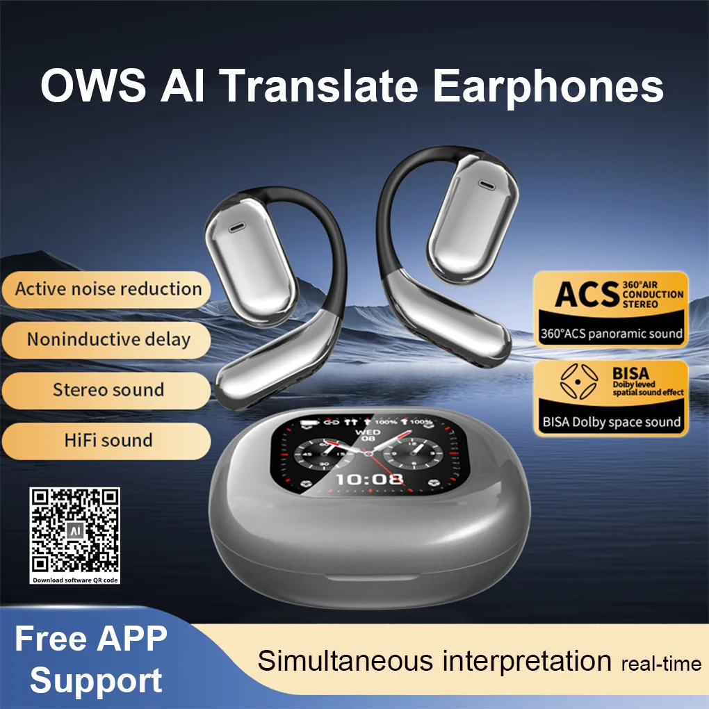 

2025 New AI Dialogue Translation Earphones Bluetooth 5.4 LCD Touch Screen OWS Open Earhook Noise Cancellation Headset For Travel
