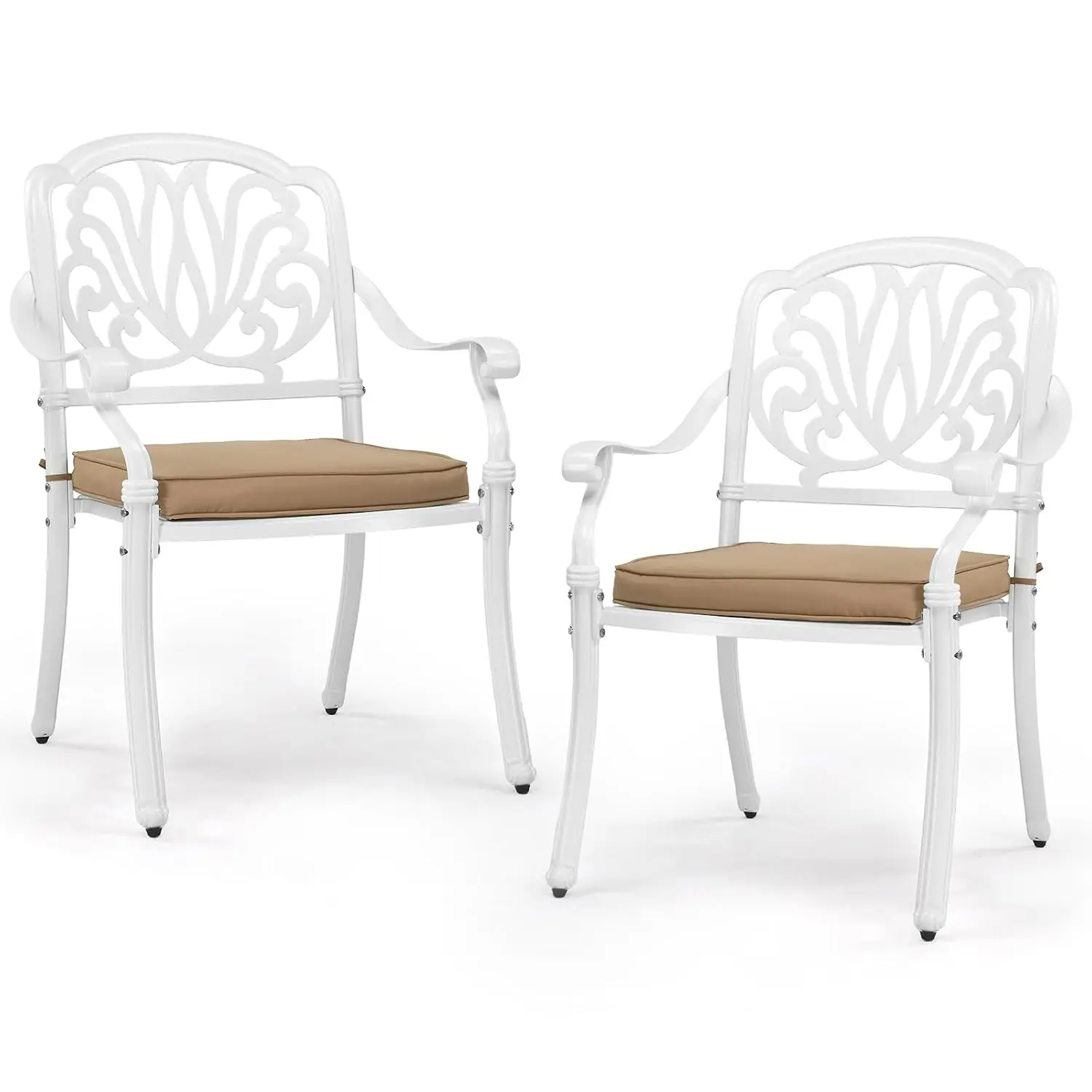 Patio Chairs Set of 2 - Stackable Outdoor Cast Aluminum Dining Chairs with Vintage White Finish and Floral Pattern, Customized