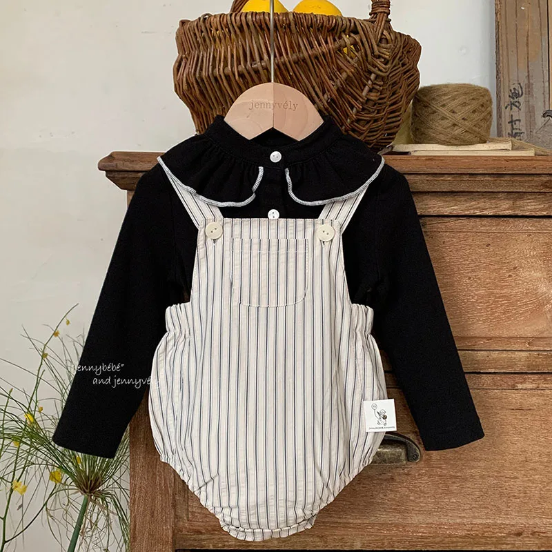 

Новинка 2023 года, осенний комплект одежды для новорожденных девочек, хлопковая футболка с длинными рукавами, полосатый комбинезон без рукавов, детский костюм