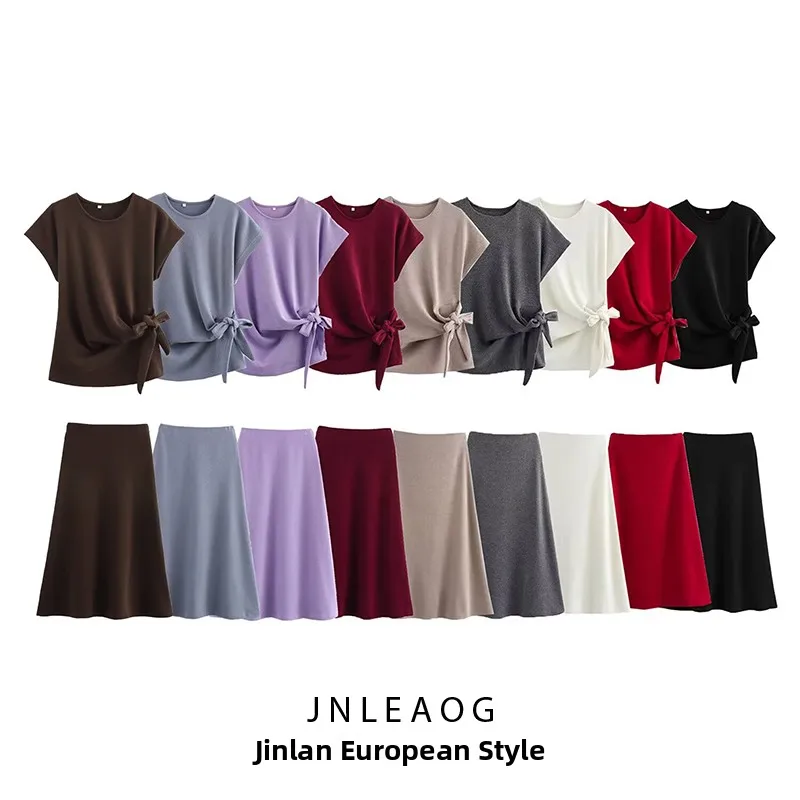 

JNLEAOG юбка-миди из мягкого материала и топ с украшением в виде банта для женщин, осенний новый модный костюм из двух предметов