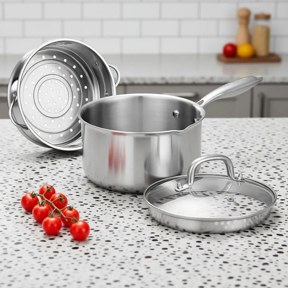 

Tri-Ply Stainless Steel Sauce Pan with Steamer Basket & Straining Glass Lid - Heavy-Duty, Thick Base, Rust-Resistant, Warp-Free