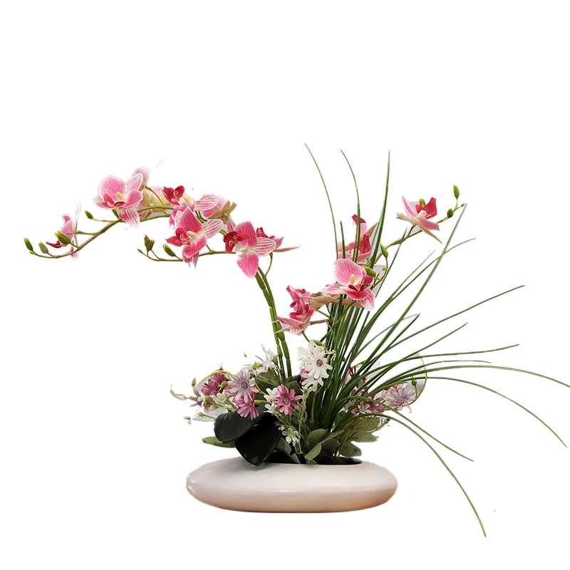 xx-Modern Ceramic Vase Orchid Simulation Flower Figurines Home Livingroom Furnishing Crafts Cafe Table Fake Flower Decoration