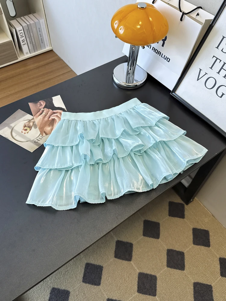 เค้กสีชมพูหวานกระโปรงผู้หญิง 2025 ฤดูร้อนเอวสูง A-Line กระโปรงมินิ Kawaii Layered Ruffles Elastic เอว Lolita Y2K กางเกง