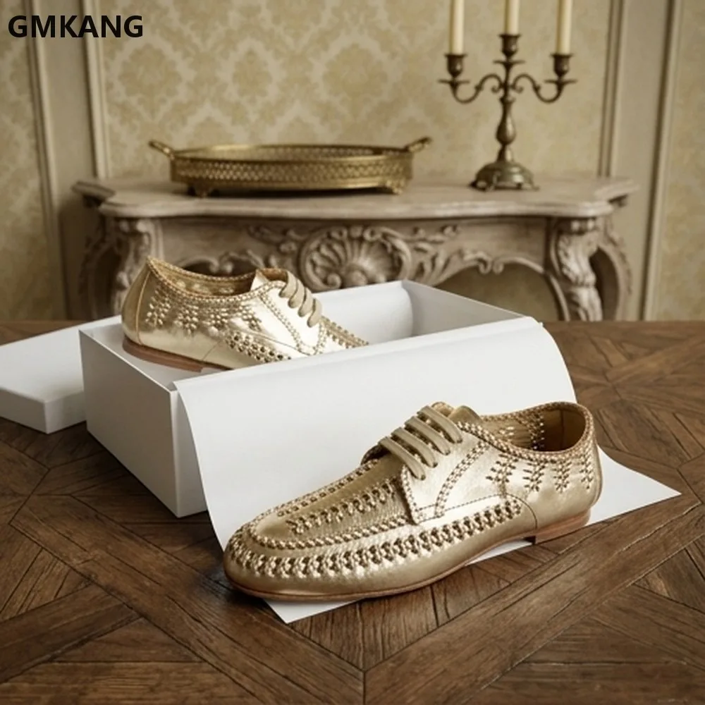 Gold Braided Leather Loafers Metallic Woven Lace Up Shoes Flat Heel Slip On Casual Driving Moccasins Breathable