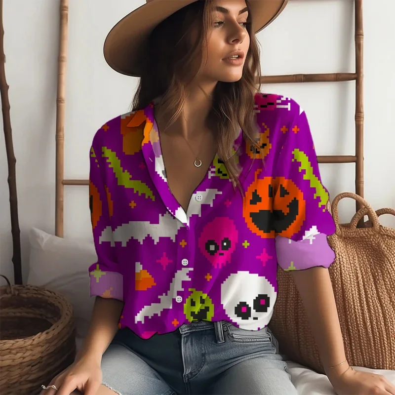 Nuova camicia a maniche lunghe da donna stampata in 3D con stile zucca e decorazione con motivo fantasma in stile Halloween