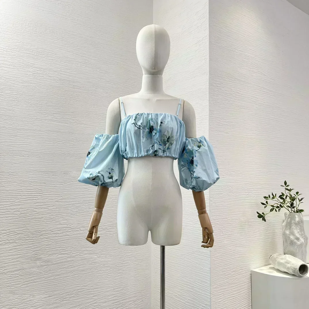 

Blue Floral Print 2024 Cotton New Women Summer Half Sleeve Backless Tube Tops and Skirt Folds Holiday Set