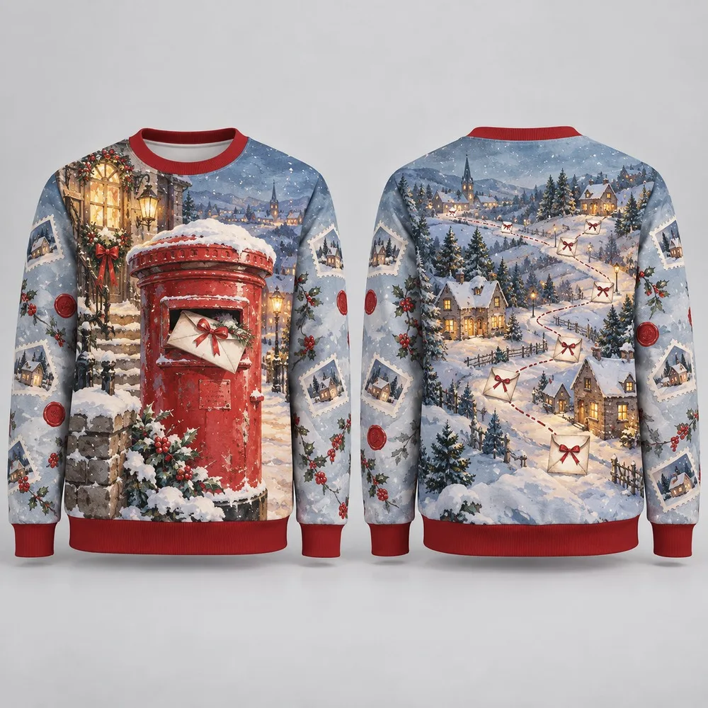 Christmas Mail Sweaters Deliver Winter Spirit with an Ugly Christmas Sweater Scene of Postboxes Parcels and Snowy Routes