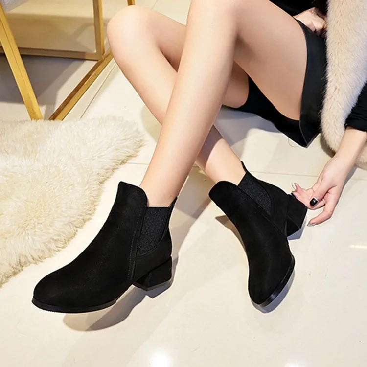 Women Ankle Boots Autumn Winter Boots Slip-on Round Toe Square Heel Solid Casual Black Camel Booties