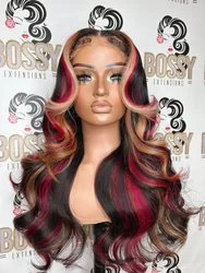 Black with Red Blonde Highlights Wig Synthetic 13x4 Lace Front Wigs Red And Blonde Loose Wave Wig Lace Frontal Wig For Women