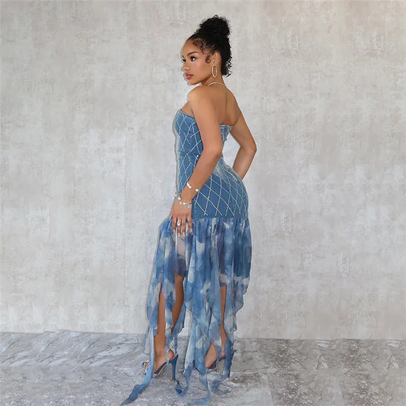 Women'S Tight Strapless Hip Hugging Short Skirt Blue 2024 Autumn New Fashion Tube Diamond-Shaped Slim Waist Tie-Dye Tassel Dress