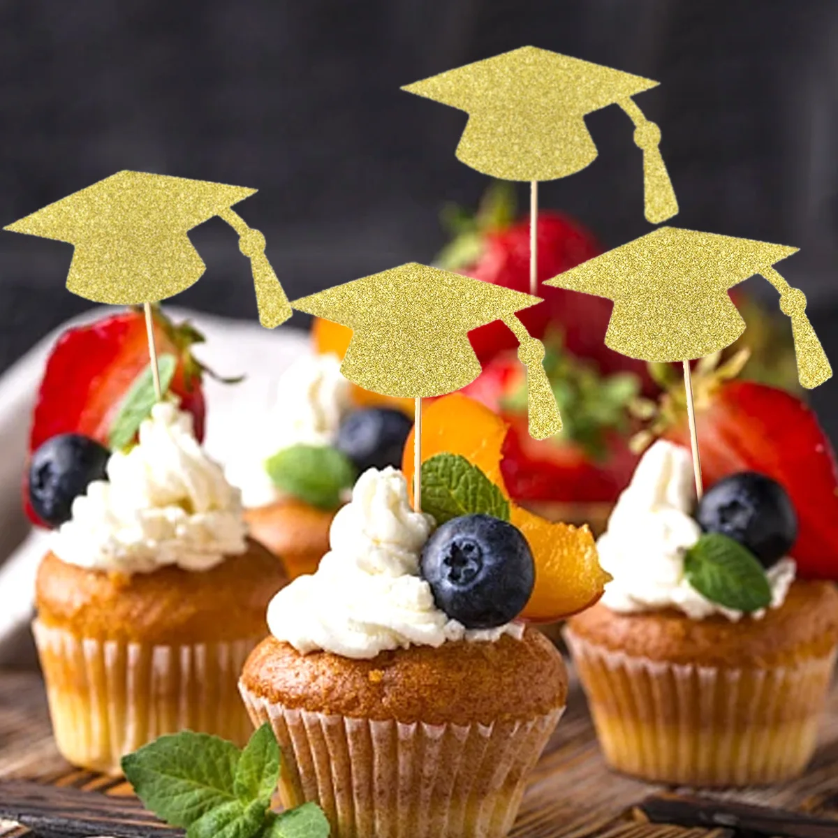 24 Stück Cupcake-Topper mit Abschlussmütze, glitzernde Doktorhut-Kuchenaufsätze, schwarz-goldenes Papier, für Party, Schule, Hochschule, Glückwunsch
