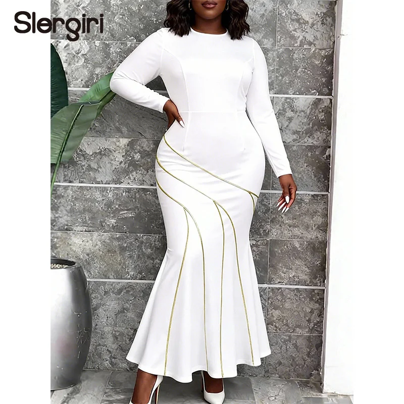 

Платье Slergiri больших размеров, белое, с длинными рукавами, фасон «русалка», для женщин, весна-осень, с круглым вырезом, элегантное, для вечеринок, макси-платье 2026
