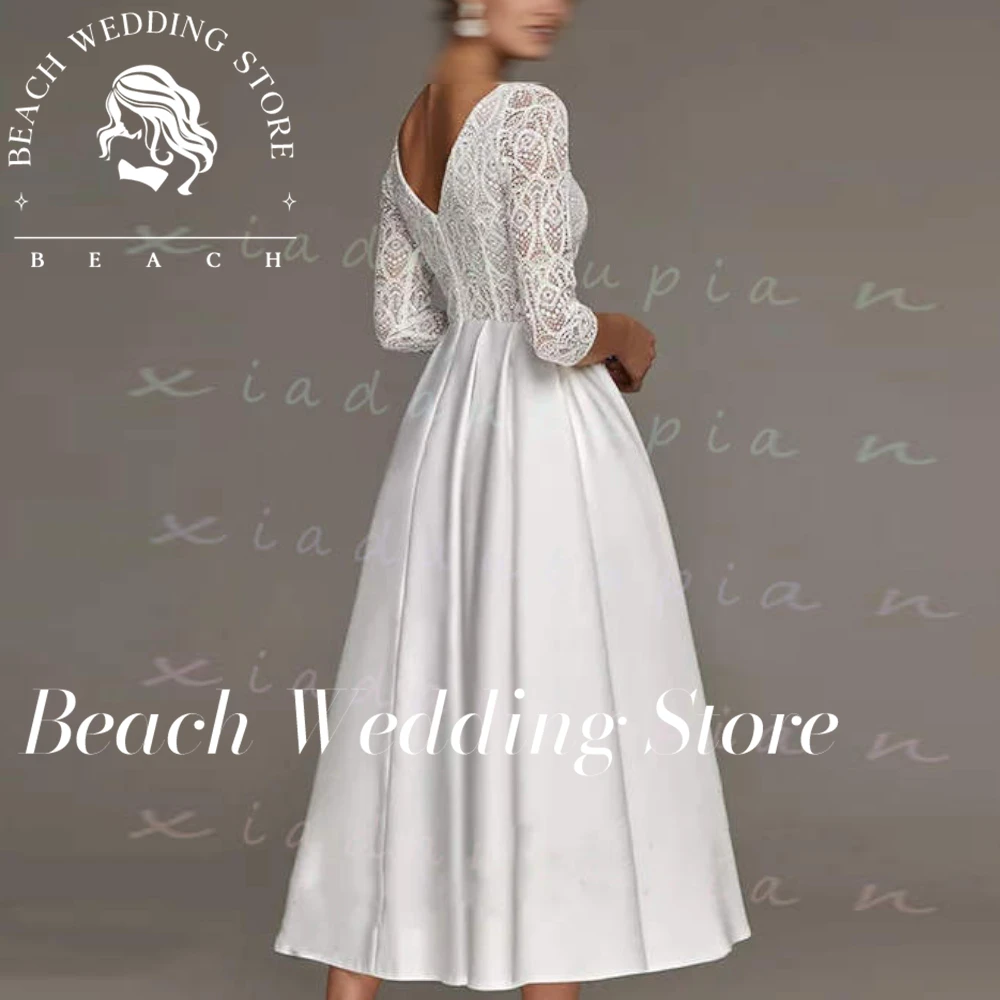 Beach Customized Half Sleeve A-Line Tea Length Pockets Solid Color vestido de novia boda civilFairy Garden Wedding Dress Woman