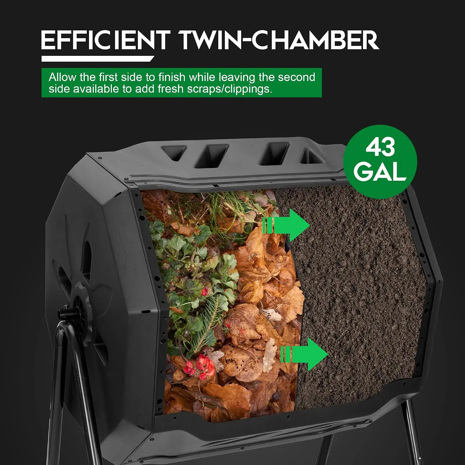 Compost Bin Outdoor 43 Gallon Garden Dual Chamber Composter Bin - Bundled with Pearson's Gardening Gloves, BPA Free, Heavy-Duty Steel Frame, Rotating Tumbler with Sliding Doors -Black