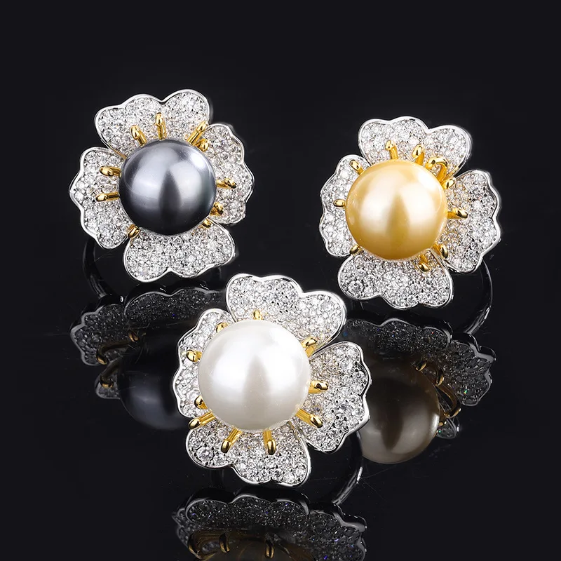 S925 Silver Plated 18K Gold Plated PT950 Platinum Gold White Shell Beads Pale Stamen Fashion Diamond Ring 14mm