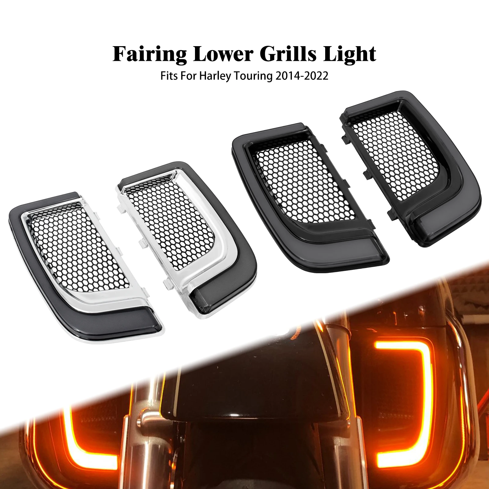 Motorcycle LED Turn Signal Fairing Lower Grills Legging Vented Running Light For Harley Touring Road Electra Tri Glide CVO 14-22