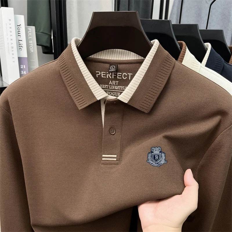 Men's Autumn New Fashion Embroidered Polo Shirt Cotton Content Solid Color Long Sleeved T-Shirt Daily Comfort Office Men's Wear