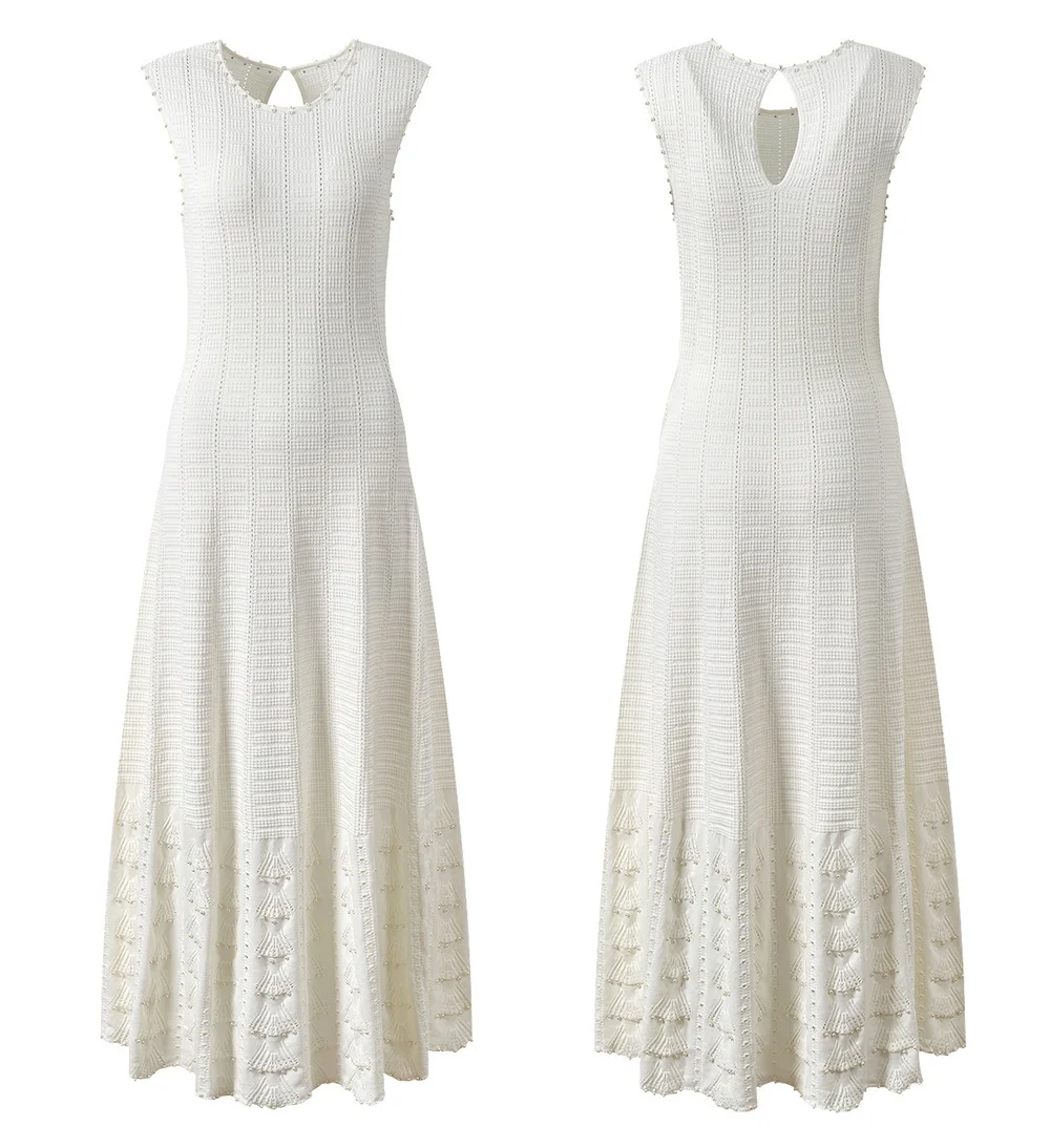 

Chic Fashion Elegant Knitted Maxi Dress Summer Women Crystal Beading O-Neck Sleeveless Sweater Dress Lady Party Vestidos