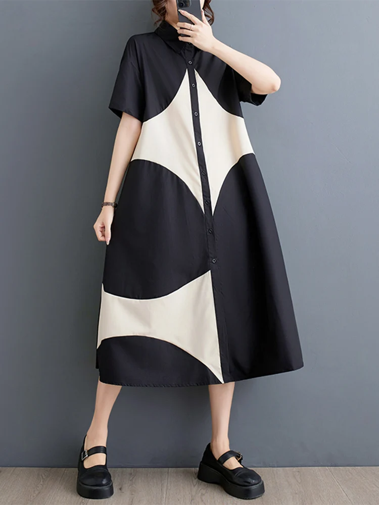 Patchwork Contrast Color Vintage Shirt Dresses For Women New Short Sleeve Loose Casual Dress Fashion Elegant Clothes Summer 2026
