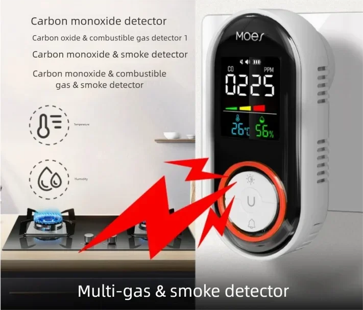 Combustible Gas Sensor CO Smoke Detector with Temperature And Humidity Monitoring Alarm for Kitchen Garage