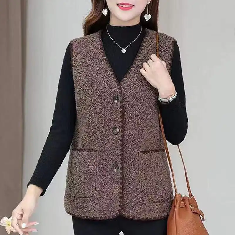 Cardigan en laine d'agneau pour femme, veste en fibre, gilet, simple boutonnage, poches, mode streetwear, monochrome, automne, hiver, nouveau