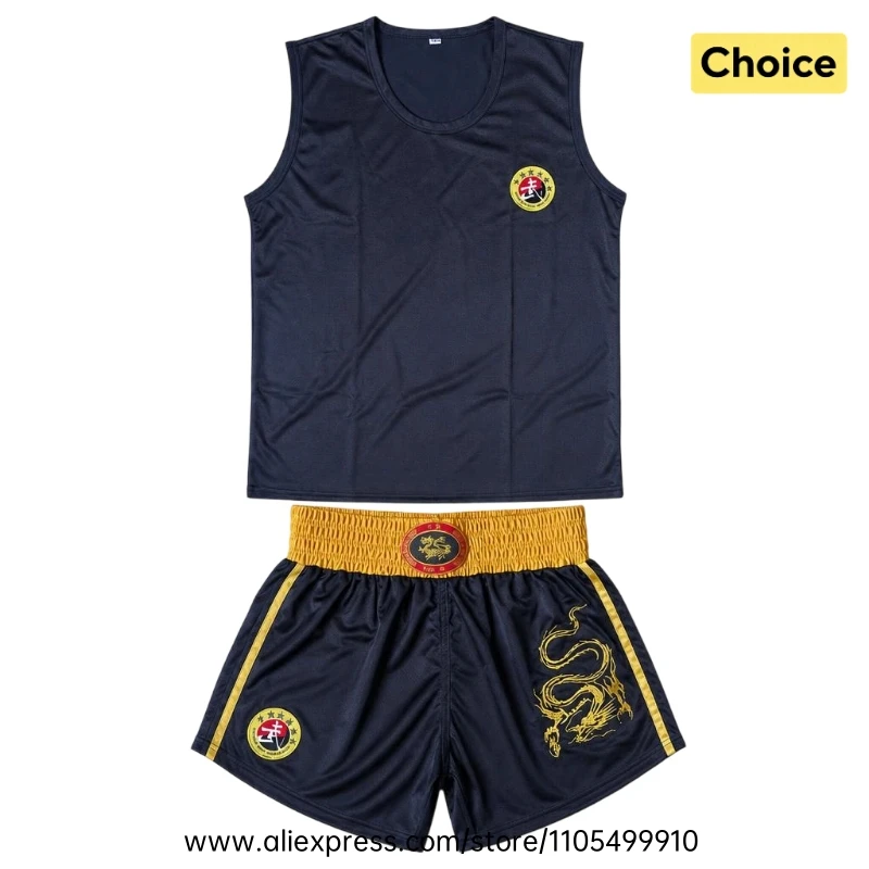 Muay Thai Shorts Ärmelloses Westen-Set mit Drachen-Stickerei Sanda Wushu Boxuniform Kampfsport Kickboxen Trainingsoutfit