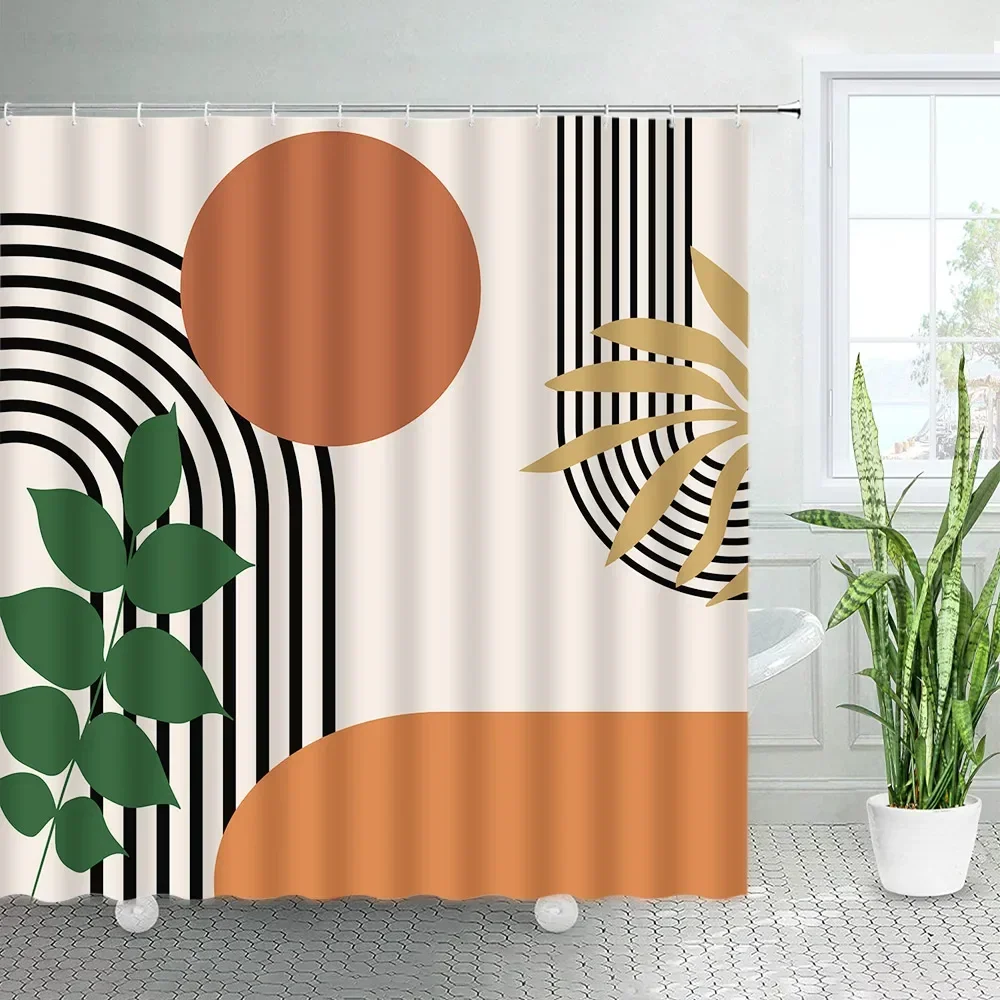 Creative Geometric Shower Curtains Plants Leaves Black Lines Abstract Art Mid Century Bath Curtain Fabric Bathroom Decor Hooks