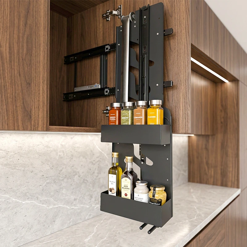 Side-mounted pull-out basket for wall units; ultra-slim pull-down style; vertical lift spice basket for wall units