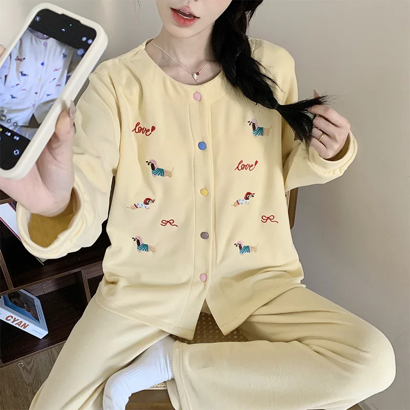 

Thickened Long Sleeve Cashmere Sleepwear Women's Home Clothes Warm Sweet Cartoon Style Winter New Arrival with Chest Pad