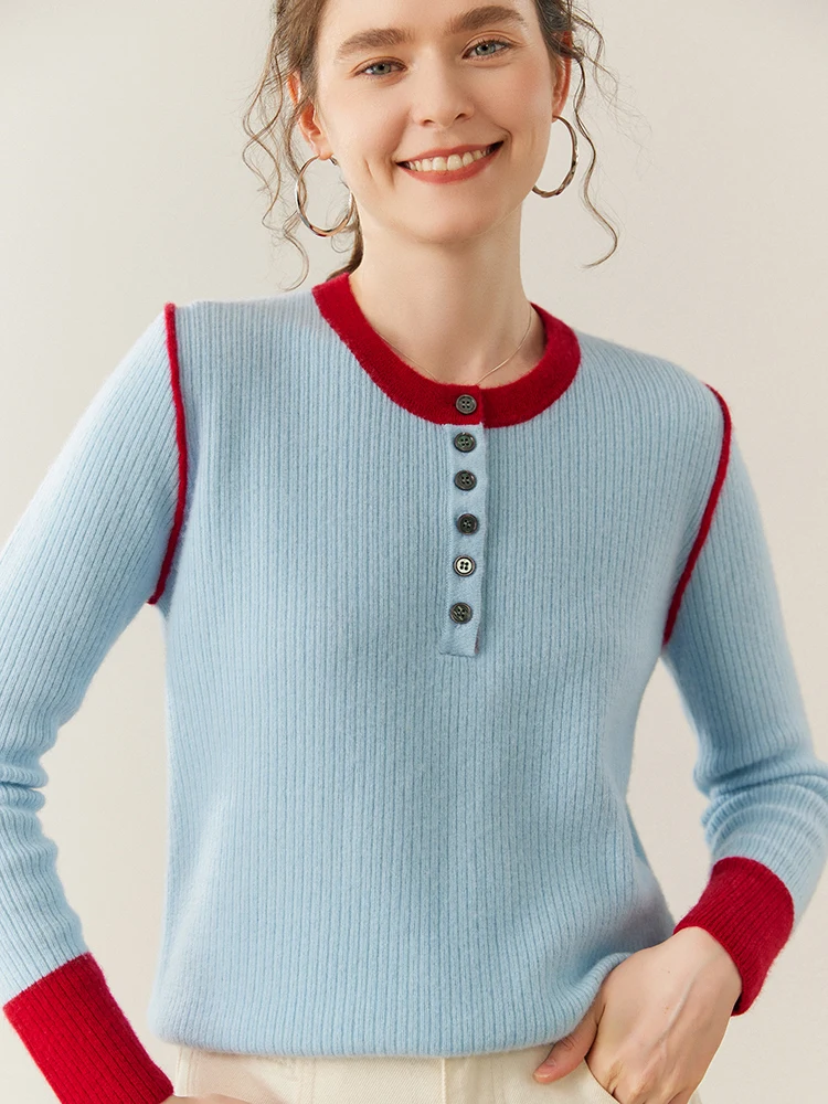 

TLOML Women's 100% Cashmere Sweater O-neck Half Open Button Pullover Color Block Sleeve Autumn Winter Chic Cashmere Knitwear Top