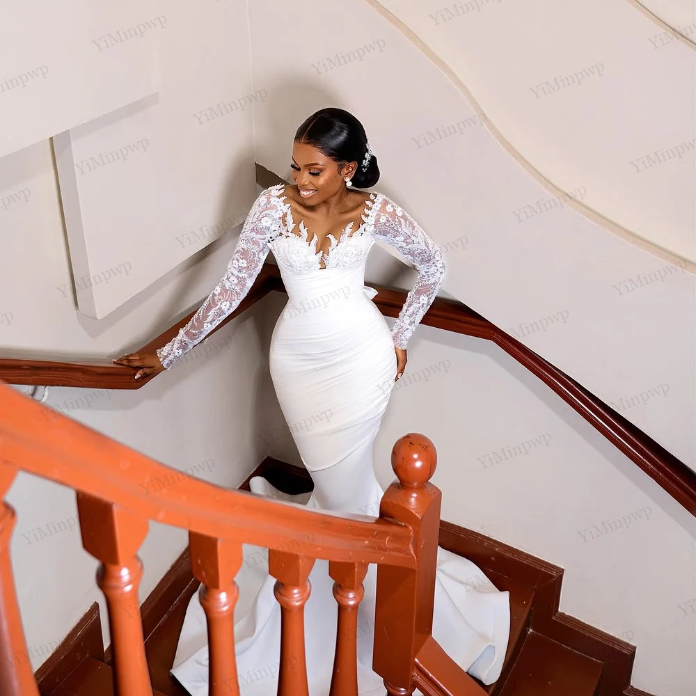 Vestidos de novia de satén de lujo 2 en 1, estilo sirena para novia, encaje, manga larga, tren desmontable, personalizado, 2026