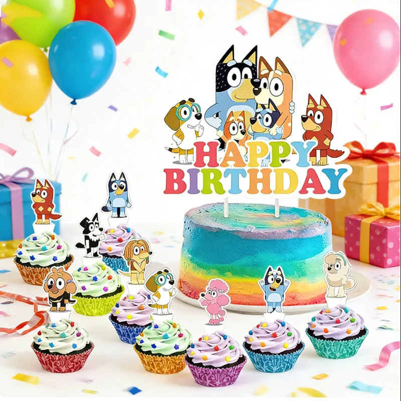 

25pcs Bluey Cake Decoration Cartoon Blue Dog Bingo Cupcake Top Happy Birthday for Kids Birthday Party Cake Dessert Decorations