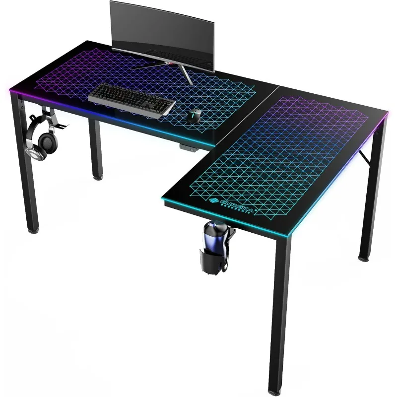 RGB LED Lights 60 Inch L Shaped Reversible Black Glass Gaming Desk Home Office Computer Table GTG L60