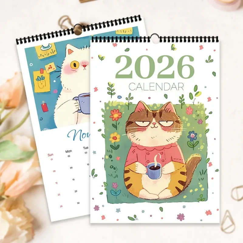 2Pcs 2026 Cute Cat Pattern Wall Calendar for Office Home - 12-Month Planner with Twin-Wire Binding & Hanging Hook