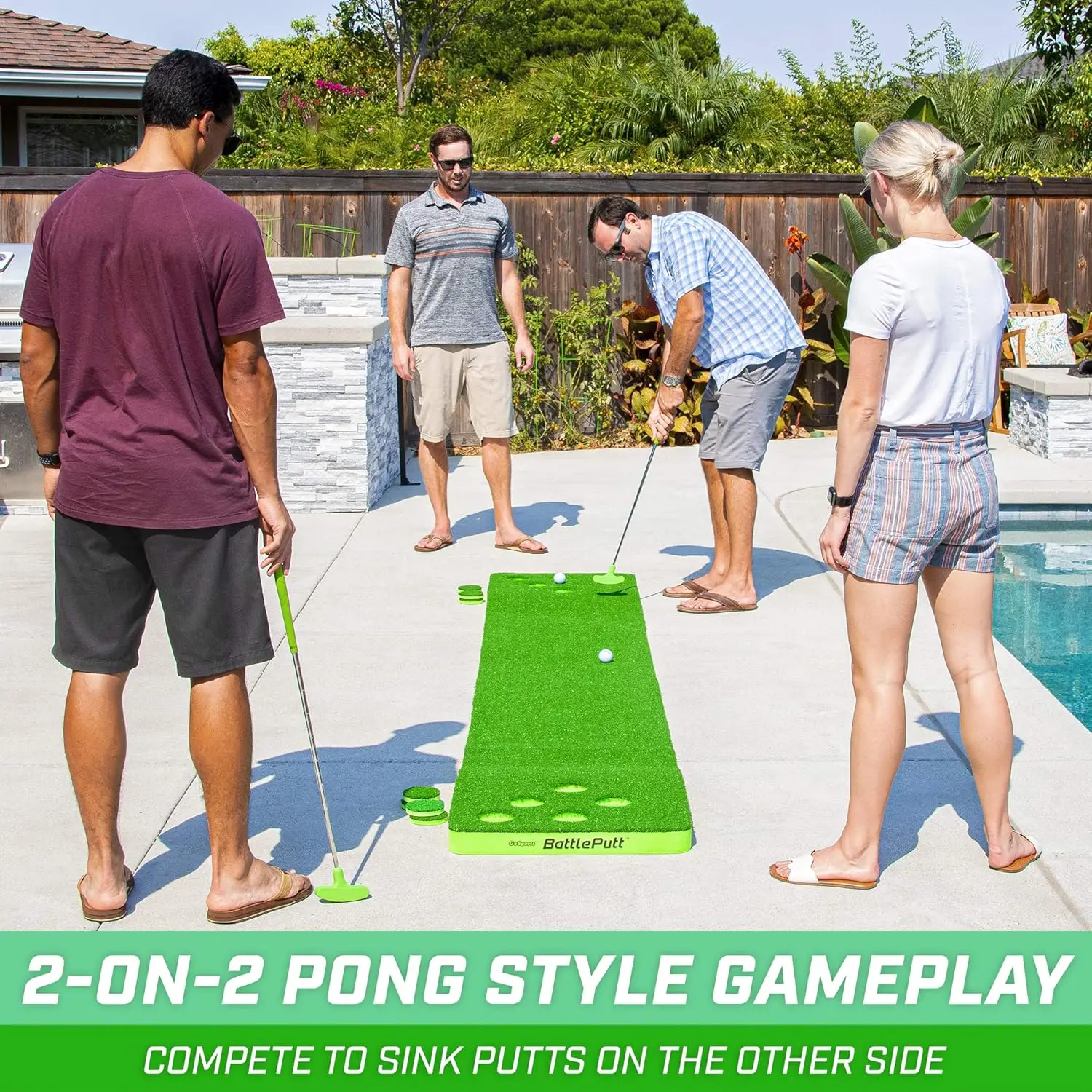 Golf Putting Game, 2-on-2 Pong Style Play with 11 ft Putting Green, 2 Putters and 2 Golf Balls