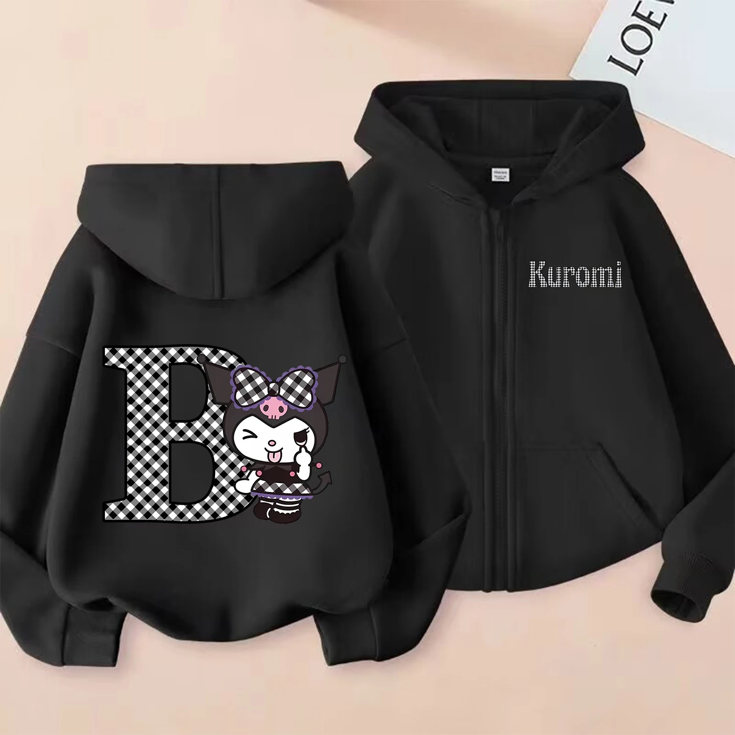 Kuromi Zipper Hoodie Cute A-Z Letter Coat Fashion Thin Clothes Kids Black Long-sleeved Jacket New Girls Cartoon Sweatshirt Gift