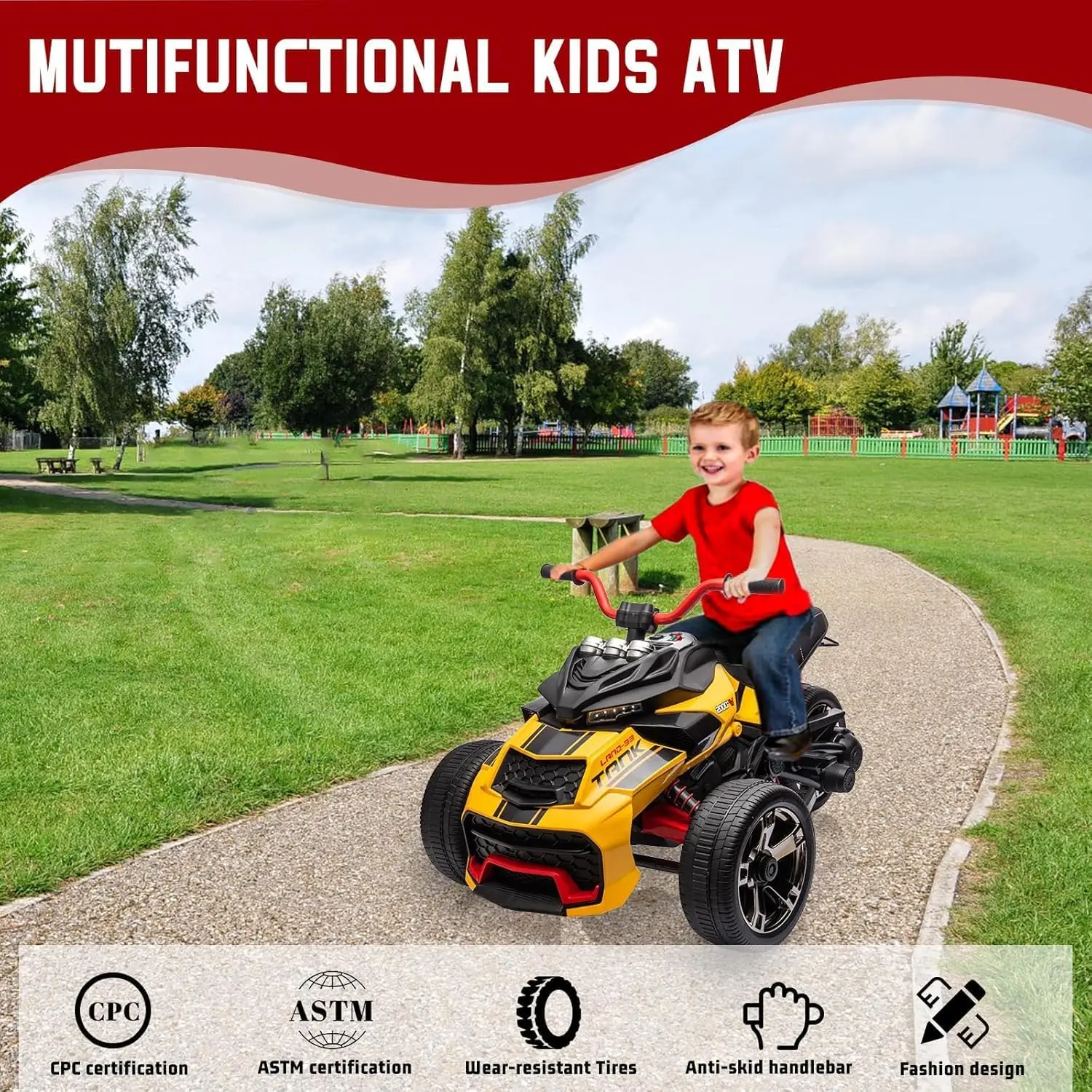12V Kids Ride On ATV, Motorcycle, 3 Wheeler Electric Vehicle Led Lights, Treaded Tires, Music Toy Car for Kids 3-8 Years