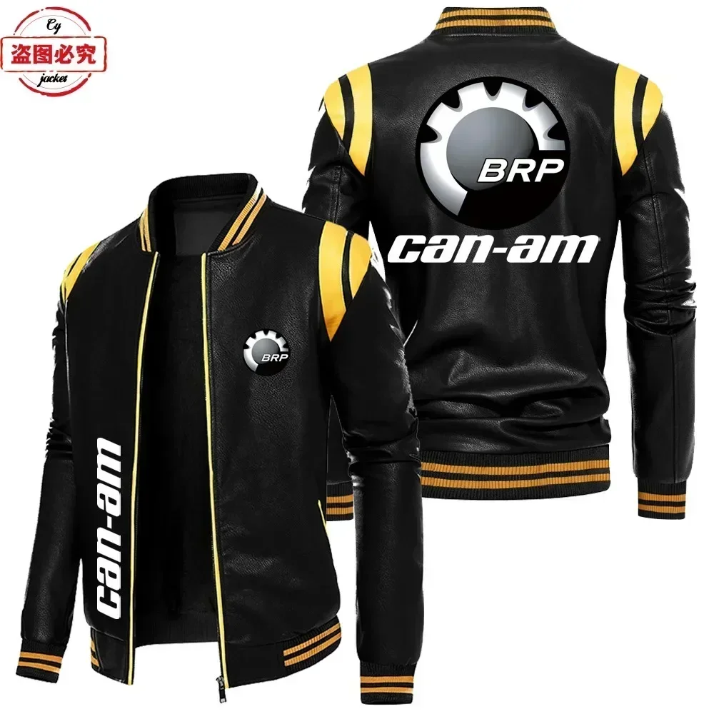 Eu Size CAN-AM Motorcycle LOGO Retro Washed Pu Contrasting Color Leather Jacket Windproof Men's Autumn and Winter Velvet Warm