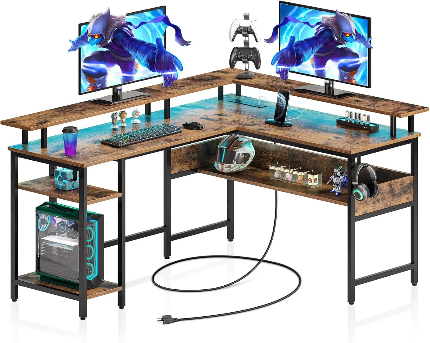 

Компьютерный стол L-образной формы 56,7 дюйма со светодиодной подсветкой и розетками, двусторонний игровой стол L-образной формы с подставкой для монитора, домашний офис