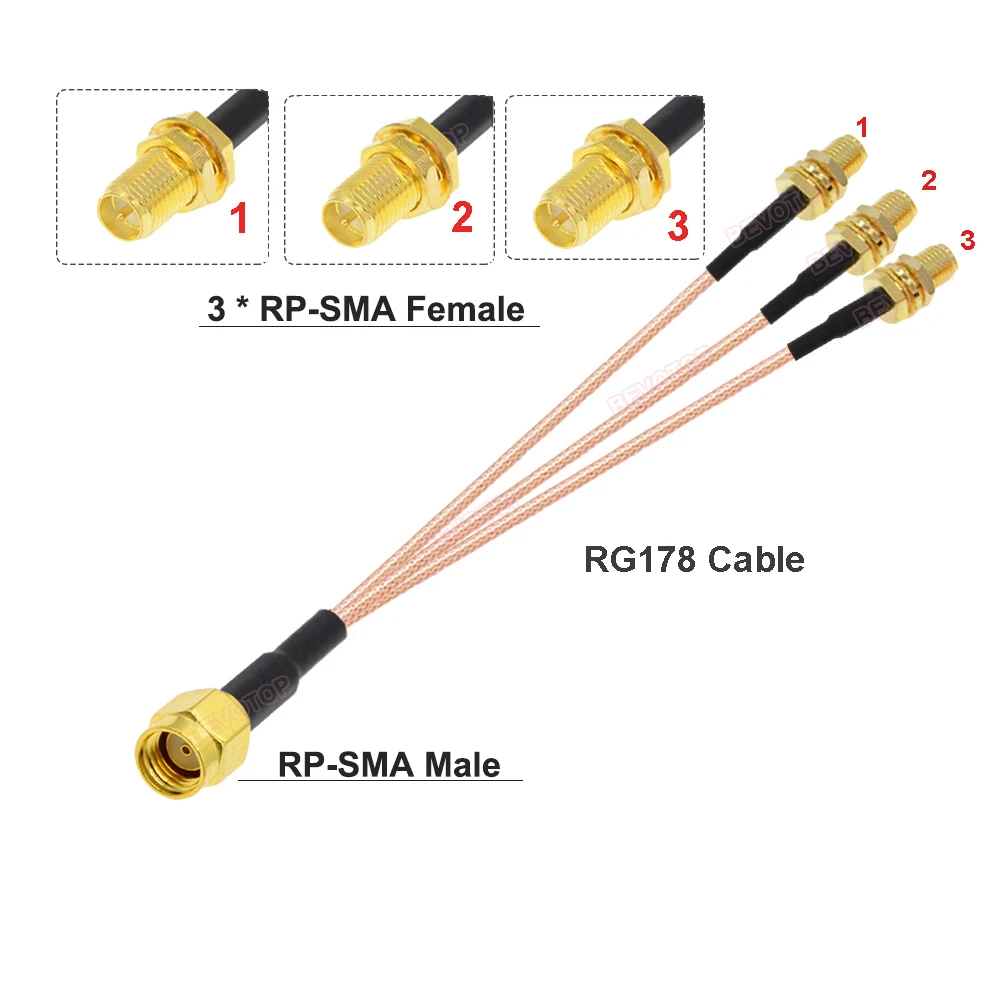 BEVOTOP RP-SMA Male to 3x RP-SMA Female Bulkhead SMA Splitter Cable Combiner WIFI Antenna Extension Cord Jumper 1 to 3 Adapter