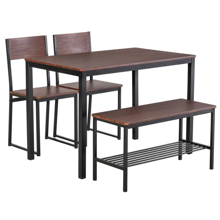 

4Piece Dining Set Industrial Wooden Table Chairs Bench Storage Rack Rustic Brown Black