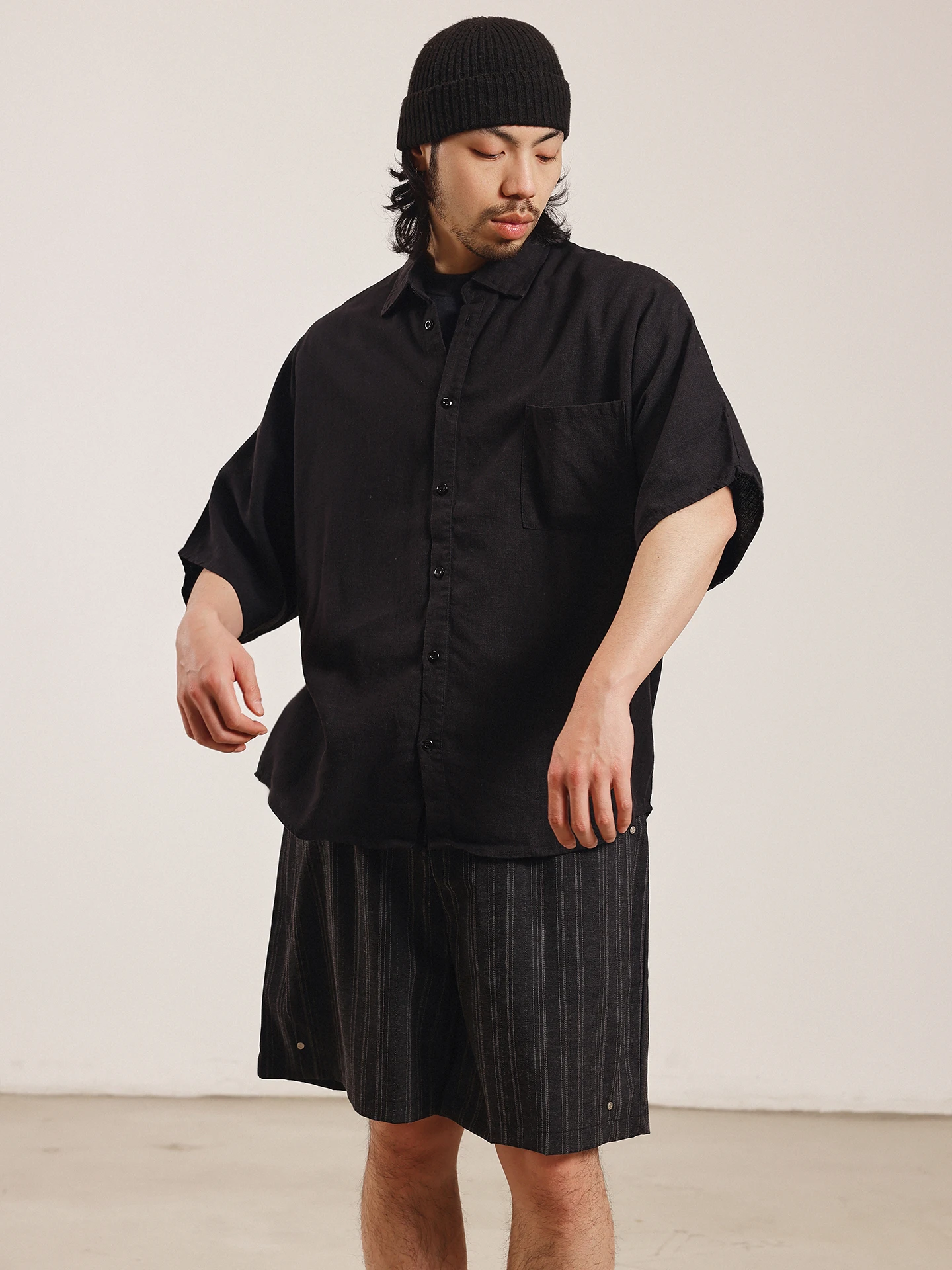 

NOEARS Japanese Style Loose Fit Short Sleeve Shirt Black Silk Linen Fabric Vintage Loose Collar Casual Wear Summer Shirt