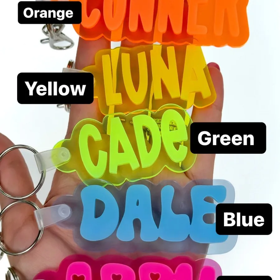 

Fluorescent Color Pink Blue Acrylic Name Custom Keychain Woman Girls Bag Charm 3D Nameplate Personalized Label Tag Car Key Ring