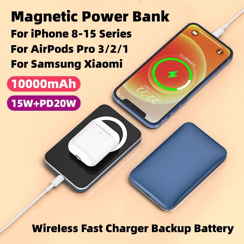 15W Magnetic Wireless Power Bank 10000mAh External Auxiliary Battery Pack For iPhone 16 15 14 13 12 11 Samsung Xiaomi Powerbank