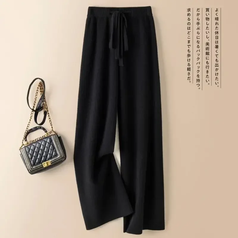 Winter Woolen Lace-up High Waast Wide Leg Pants Snow Wear Warm Elegant Pantalones Loose Classic Spodnie Korea Basic Women Z319